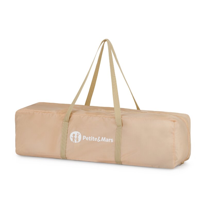 Patut pliant, Petite&Mars, Koot, 120 x 60 cm, Cu roti, Functie de tarc, Pliere compacta, Include geanta de transport, Intrare laterala cu fermoar, Pereti din plasa, Pana la 15 kg, 0-30 luni, Maro