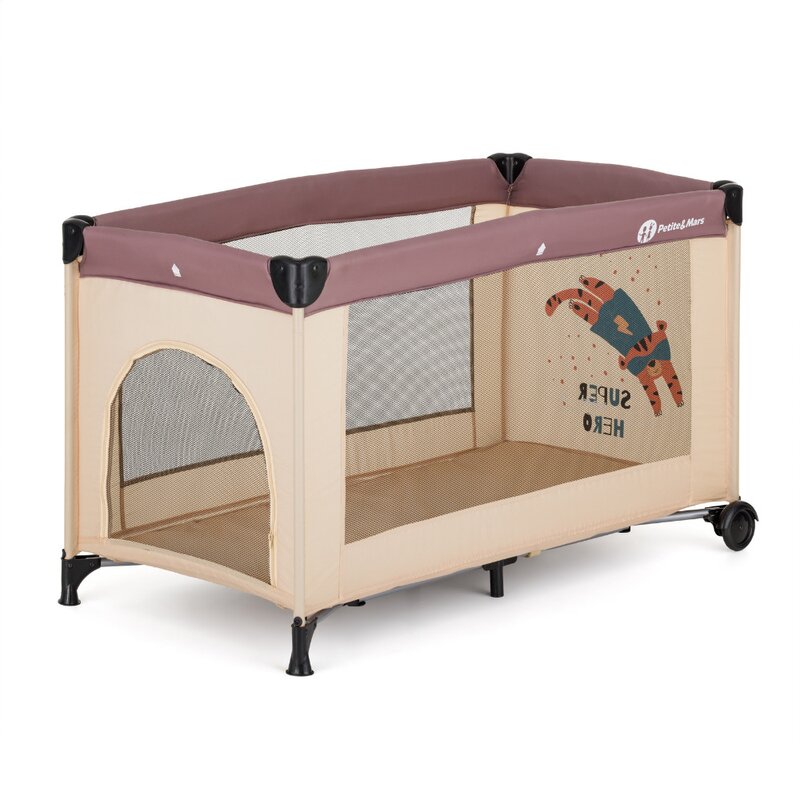 Patut pliant, Petite&Mars, Koot, 120 x 60 cm, Cu roti, Functie de tarc, Pliere compacta, Include geanta de transport, Intrare laterala cu fermoar, Pereti din plasa, Pana la 15 kg, 0-30 luni, Maro