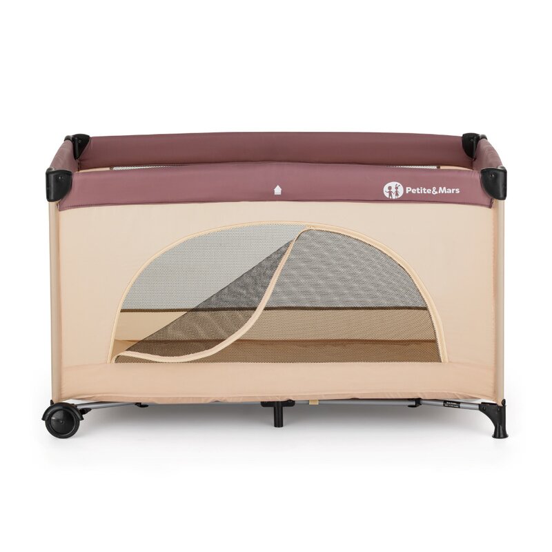 Patut pliant, Petite&Mars, Nyja, 120 x 60 cm, Cu roti, Functie de tarc, Pliere compacta, Include geanta de transport, Intrare laterala cu fermoar, Pereti din plasa, Pana la 15 kg, 0-30 luni, Maro