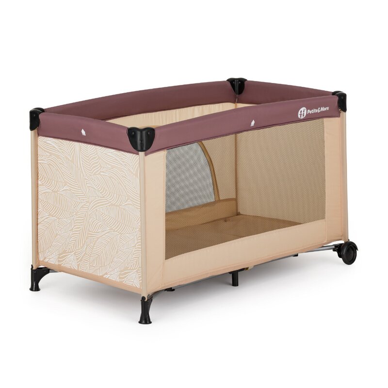 Patut pliant, Petite&Mars, Nyja, 120 x 60 cm, Cu roti, Functie de tarc, Pliere compacta, Include geanta de transport, Intrare laterala cu fermoar, Pereti din plasa, Pana la 15 kg, 0-30 luni, Maro
