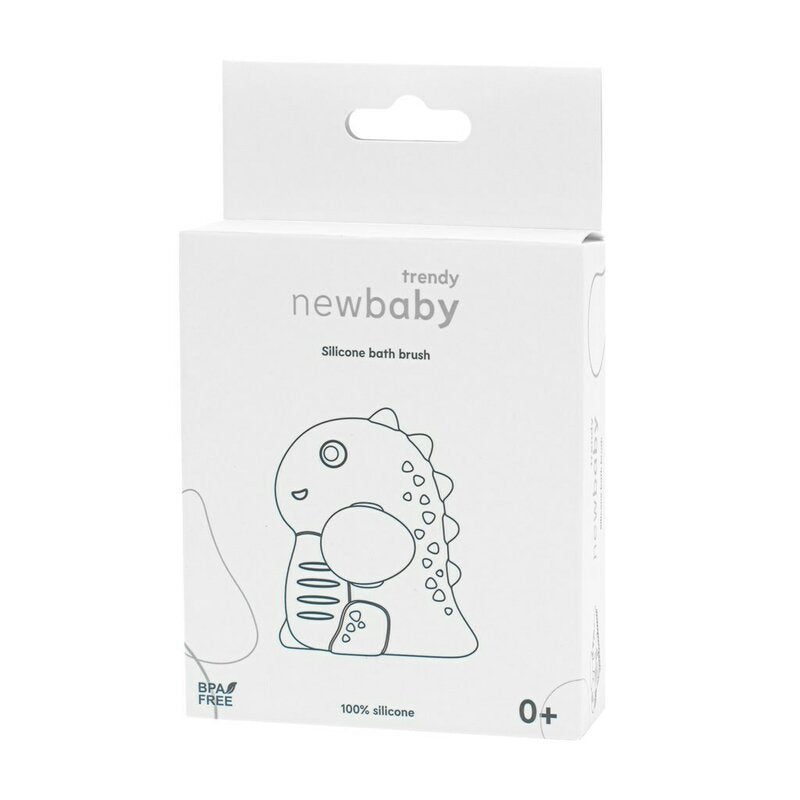 Perie de baie, New Baby, Din silicon, Cu peri moi, Maner ergonomic, Pentru pielea sensibila, 8x11 cm, 0 luni+, Dinosaur/Blue