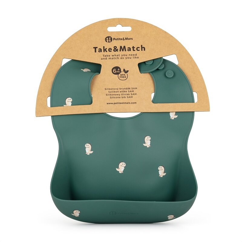 Baveta moale, Petite&Mars, Take&Match, Reglabil, Cu buzunar colector, Silicon, Fara BPA, 6 luni+, Model dinozauri, Verde