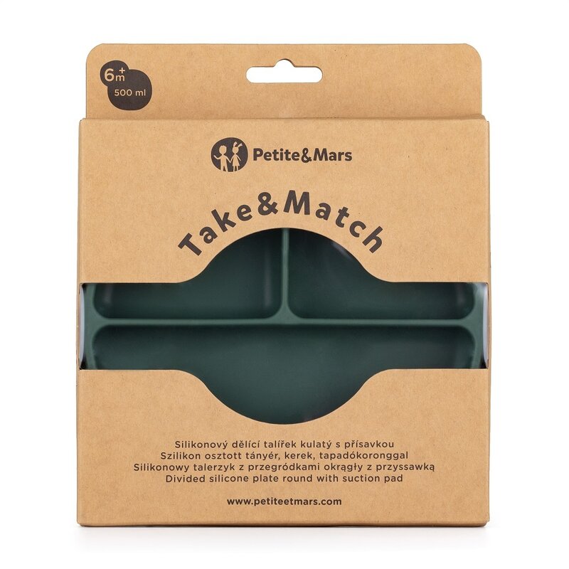 Farfurie compartimentata, Petite&Mars, Take&Match, Rotunda, Cu ventuza si 3 compartimente, Silicon, Fara BPA, 500 ml, 6 luni+, Verde