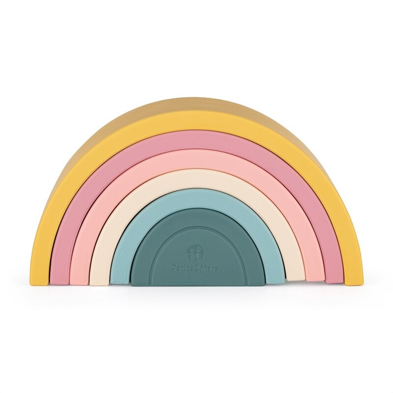 Jucarie pentru stivuire, Petite&Mars, Curcubeu, 14x7.5x5 cm, Silicon, Fara BPA, 6 piese, 12 luni+, Galben