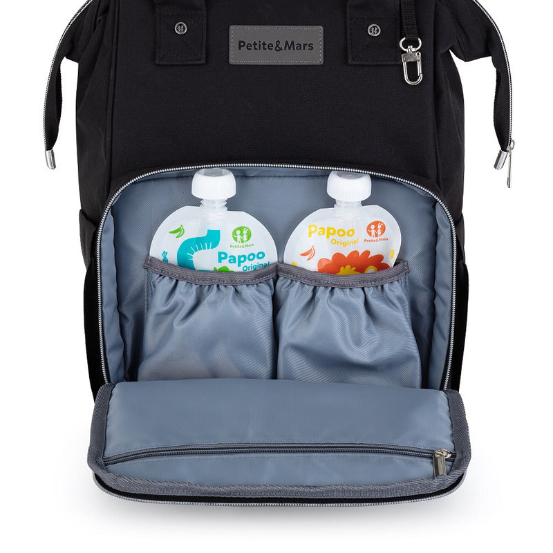Rucsac pentru mamici, Petite&Mars, Cu 11 compartimente, Cu buzunare termice, Saltea de infasat inclusa, 30 x 42 x 15 cm, Jack, Black