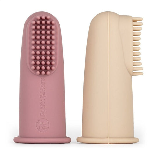 Set 2 periute de dinti pentru deget, Petite&Mars, Cu peri moi, Silicon, Include cutie depozitare, 0 luni+, Roz/Bej
