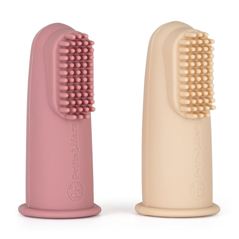 Set 2 periute de dinti pentru deget, Petite&Mars, Cu peri moi, Silicon, Include cutie depozitare, 0 luni+, Roz/Bej