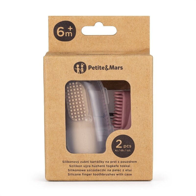 Set 2 periute de dinti pentru deget, Petite&Mars, Cu peri moi, Silicon, Include cutie depozitare, 0 luni+, Roz/Bej