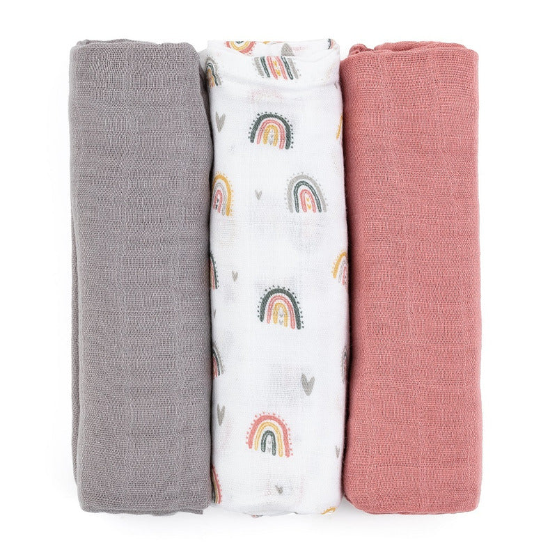 Set 3 scutece, Petite&Mars, Moussy Rose Rainbow, Din muselina de bambus, Hipoalergenice, 68 x 68 cm, Certificate Oeko Tex Standard 100, Multicolor