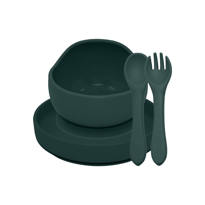 Set de hranire, Petite&Mars, Cu farfurie, Bol si tacamuri, Din silicon fara BFA, Verde inchis