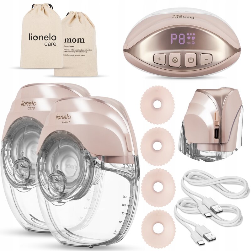 Pompa de san, Lionelo, Fidi Free Slim Duo, Portabila, Cu accesorii, Hands-free, Trifazata, Panou control, Autonomie pana la 3 h, 9 functii de masaj, Silentioasa- 40 db, Capacitate 150 ml, Roz