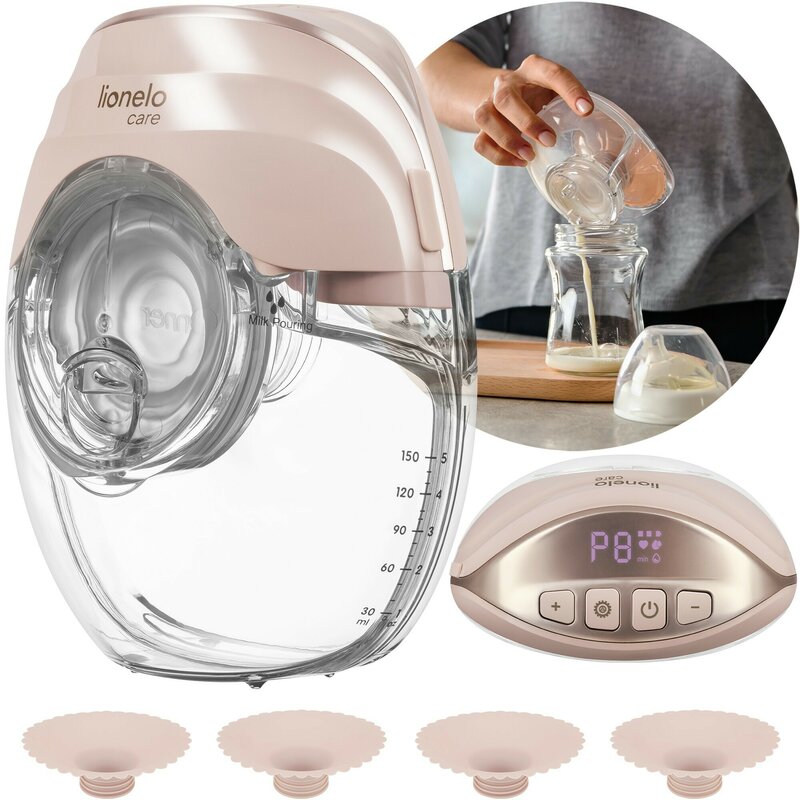 Pompa de san, Lionelo, Fidi Free Slim, Portabila, Cu accesorii, Hands-free, Trifazata, Panou control, Autonomie pana la 3 h, 9 functii de masaj, Silentioasa- 40 db, Capacitate 150 ml, Roz
