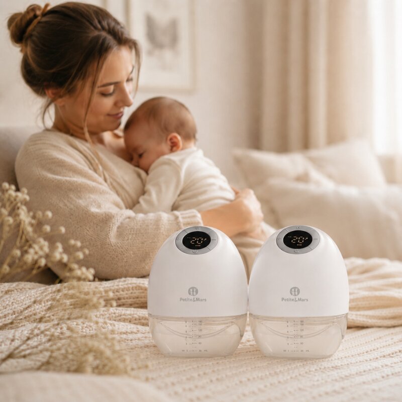 Pompa de san, Petite&Mars, Gaia Duo, Portabila, Cu 3 moduri, Panou control, Autonomie pana la 2.5 h, 9 functii de masaj, Silentioasa- 55db, Capacitate 180 ml, Alb