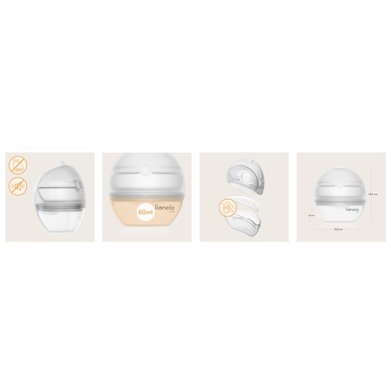 Pompa de san si colector de lapte, Lionelo, Milky 2 in 1, Volum 60 ml, Forma anatomica, Compataibila cu utilizarea cu sutien, Fara bisfenol A, Portabila, Alb