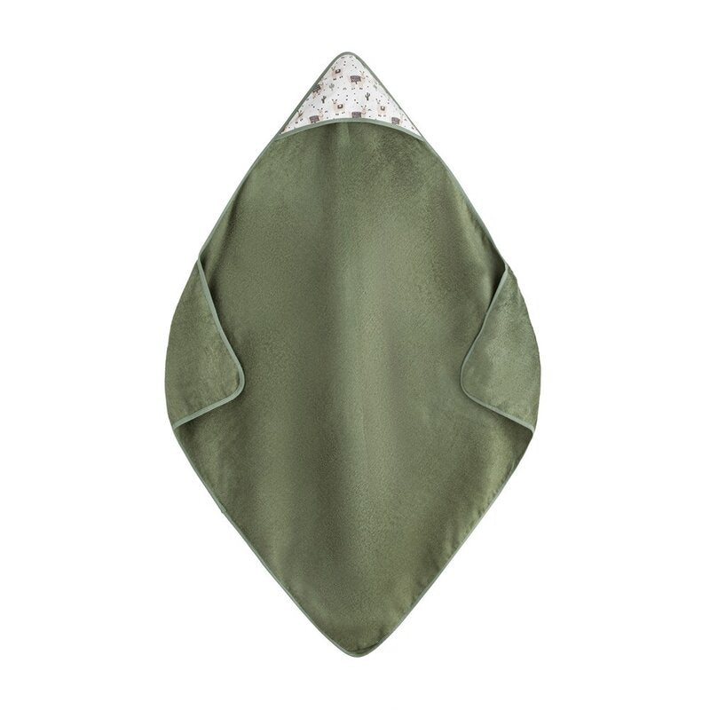 Prosop cu gluga, Petite&Mars, Loulou, Mare, 100 x 100 cm, 70% bambus, 30% bumbac, Certificare Oeko-Tex Standard 100, Hipoalergenic, respirabil si rezistent la mirosuri, Lame Bej/Verde