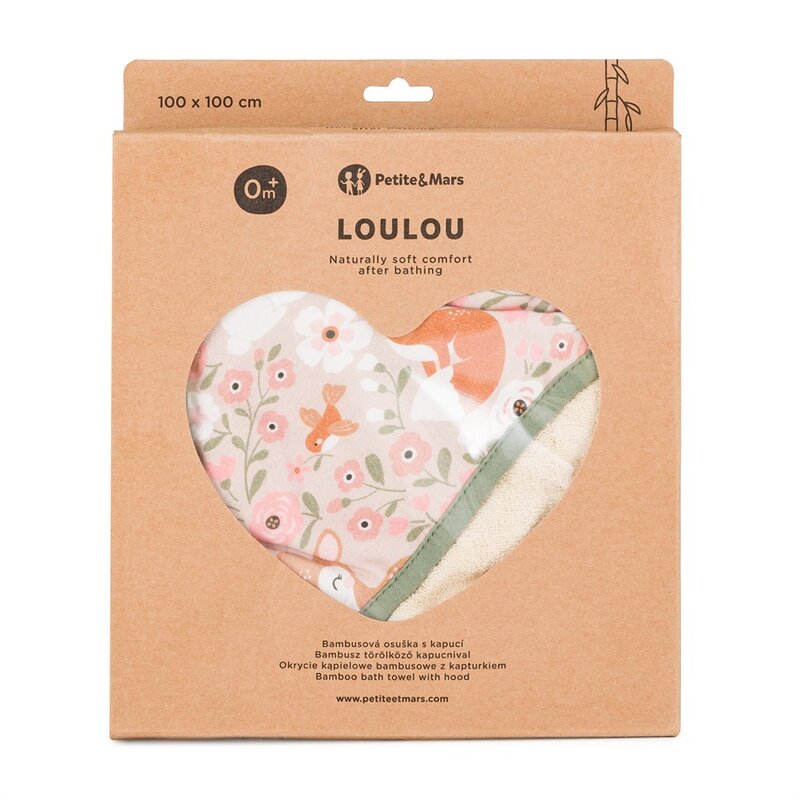 Prosop cu gluga, Petite&Mars, Loulou, Mare, 100 x 100 cm, 70% bambus, 30% bumbac, Certificare Oeko-Tex Standard 100, Hipoalergenic, respirabil si rezistent la mirosuri, Lame Bej/Verde