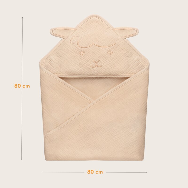 Prosop de baie, Lionelo, Cu gluga, Din muselina, 100% bumbac, 80x80 cm, Absorbtie eficienta, Bej deschis