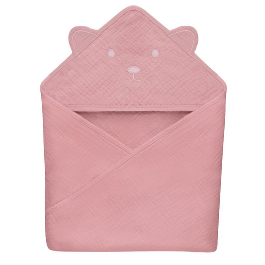 Prosop de baie, Lionelo, Cu gluga, Din muselina, 100% bumbac, 80x80 cm, Absorbtie eficienta, Roz