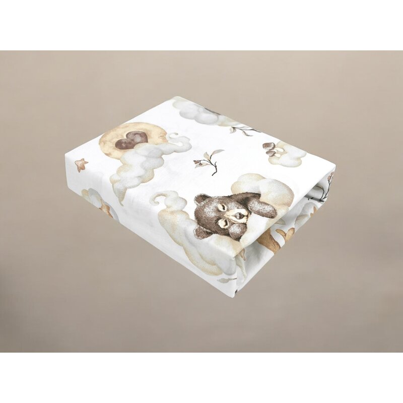 Cearceaf cu elastic, Qmini, Pentru patut 140X70 cm, Din bumbac certificat Oeko Tex Standard 100, Teddy Bear and Friends Beige