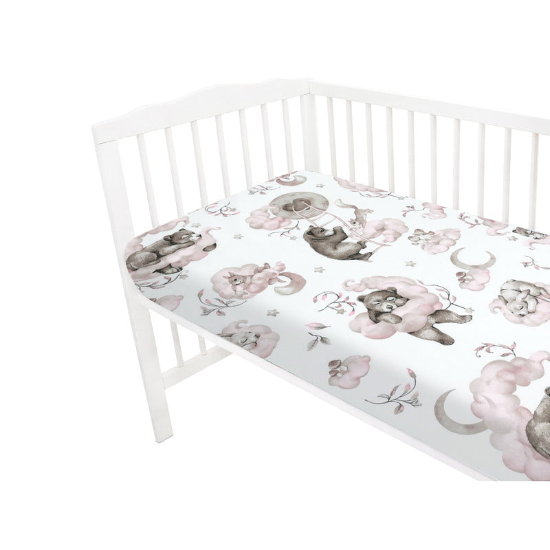 Cearceaf cu elastic, Qmini, Pentru patut 140X70 cm, Din bumbac certificat Oeko Tex Standard 100, Teddy Bear and Friends Pink