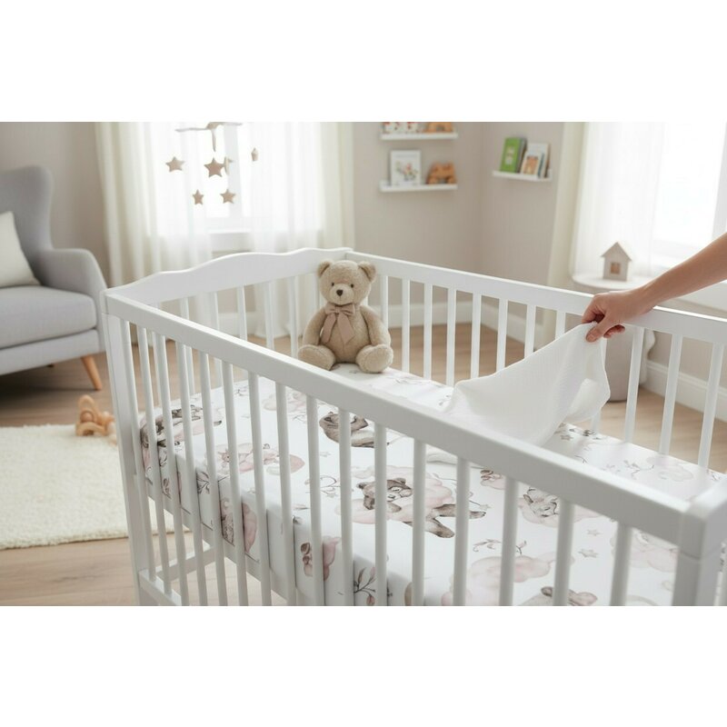 Cearceaf cu elastic, Qmini, Pentru patut 140X70 cm, Din bumbac certificat Oeko Tex Standard 100, Teddy Bear and Friends Pink
