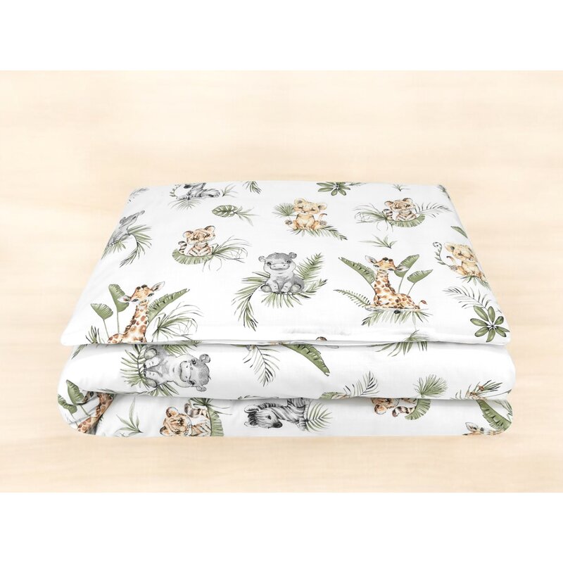 Lenjerie patut junior cu 2 piese, Qmini, Din bumbac certificat Oeko Tex Standard 100, 140 x 200 cm, Safari