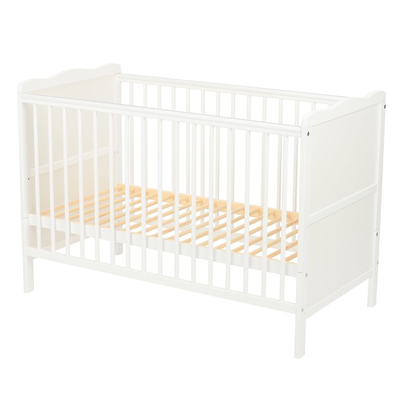 Patut din lemn bebe, 120x60 cm, Cu sina speciala pentru dentitie, Multifunctional, EN716-1, EN716-2, Alb, Qmini, Julia