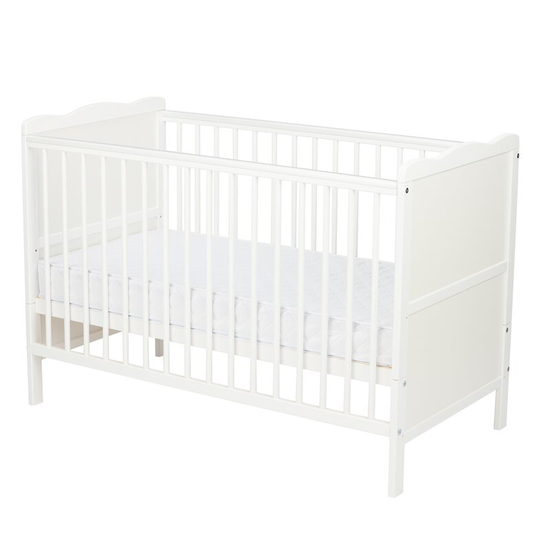 Patut din lemn bebe, 120x60 cm, Cu sina speciala pentru dentitie, Multifunctional, EN716-1, EN716-2, Alb, Qmini, Julia