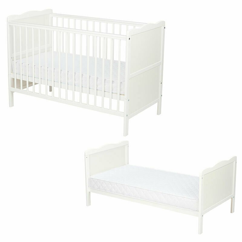 Patut din lemn bebe, 120x60 cm, Cu sina speciala pentru dentitie, Multifunctional, EN716-1, EN716-2, Alb, Qmini, Julia