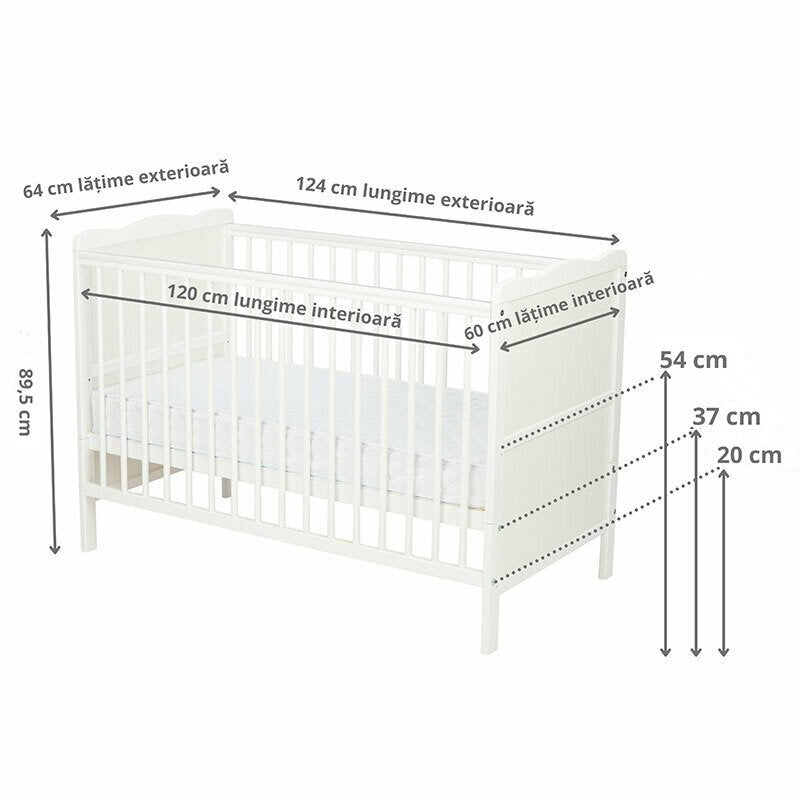 Patut din lemn bebe, 120x60 cm, Cu sina speciala pentru dentitie, Multifunctional, EN716-1, EN716-2, Alb, Qmini, Julia