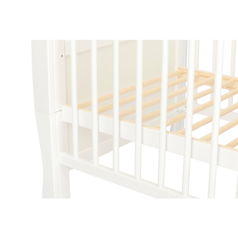 Patut din lemn bebe, 120x60 cm, Cu sertar, Cu sina speciala pentru dentitie, Multifunctional, EN716-1, EN716-2, Alb, Qmini, Julia