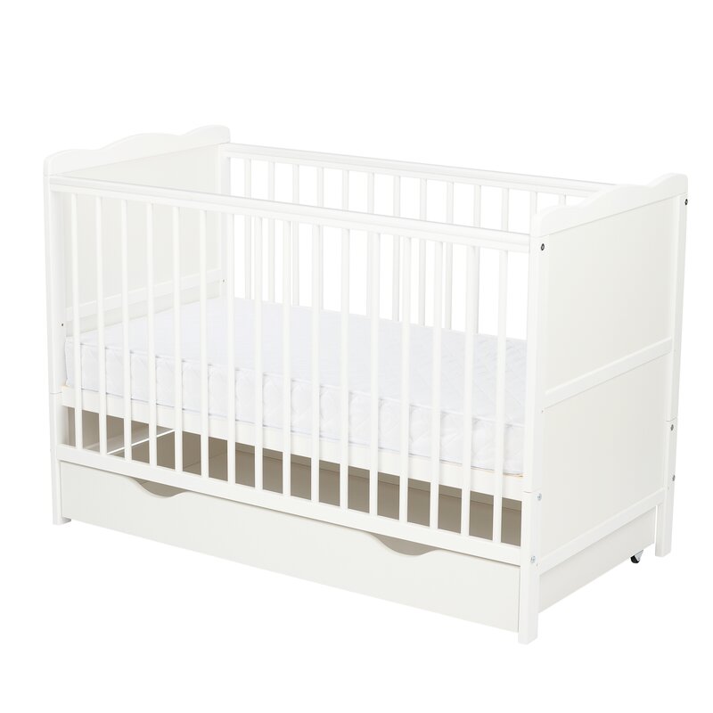 Patut din lemn bebe, 120x60 cm, Cu sertar, Cu sina speciala pentru dentitie, Multifunctional, EN716-1, EN716-2, Alb, Qmini, Julia