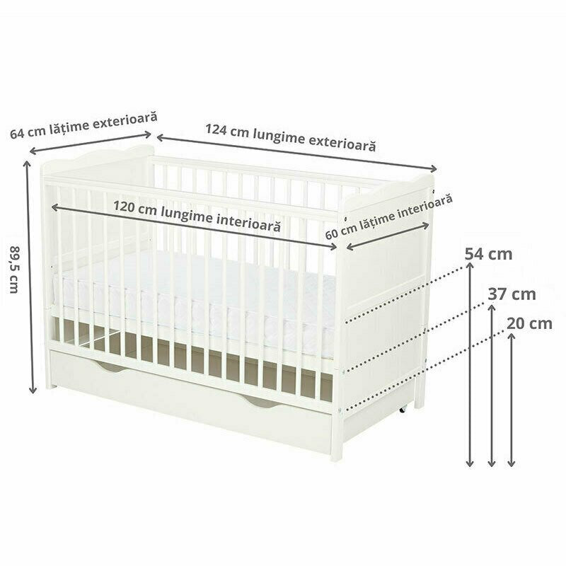 Patut din lemn bebe, 120x60 cm, Cu sertar, Cu sina speciala pentru dentitie, Multifunctional, EN716-1, EN716-2, Alb, Qmini, Julia