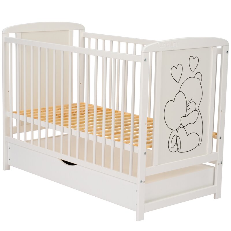 Patut din lemn bebe, 120x60 cm, Cu sertar, Din lemn de pin si mdf, Stabil si rezistent, Inaltime saltea reglabila pe 3 nivele, Laterala cu 3 bete detasabile, EN716-1, EN716-2, Alb, Qmini, Timmi Heart