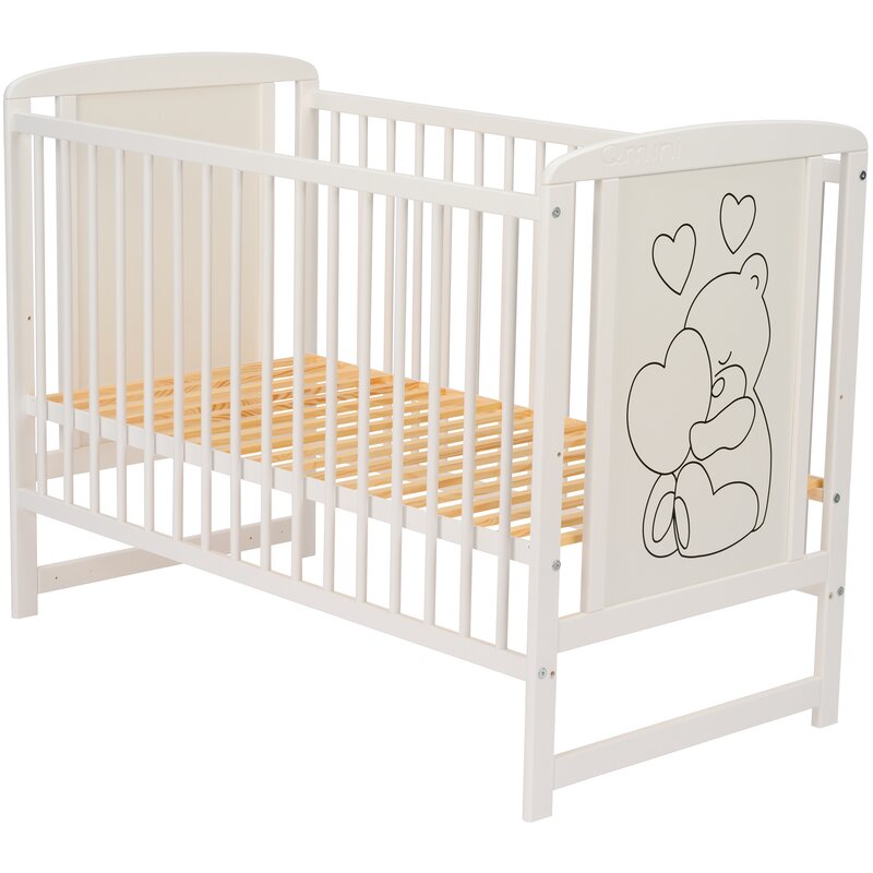 Patut din lemn bebe, 120x60 cm, Din lemn de pin si mdf, Stabil si rezistent, Inaltime saltea reglabila pe 3 nivele, Laterala cu 3 bete detasabile, EN716-1, EN716-2, Alb, Qmini, Timmi Heart