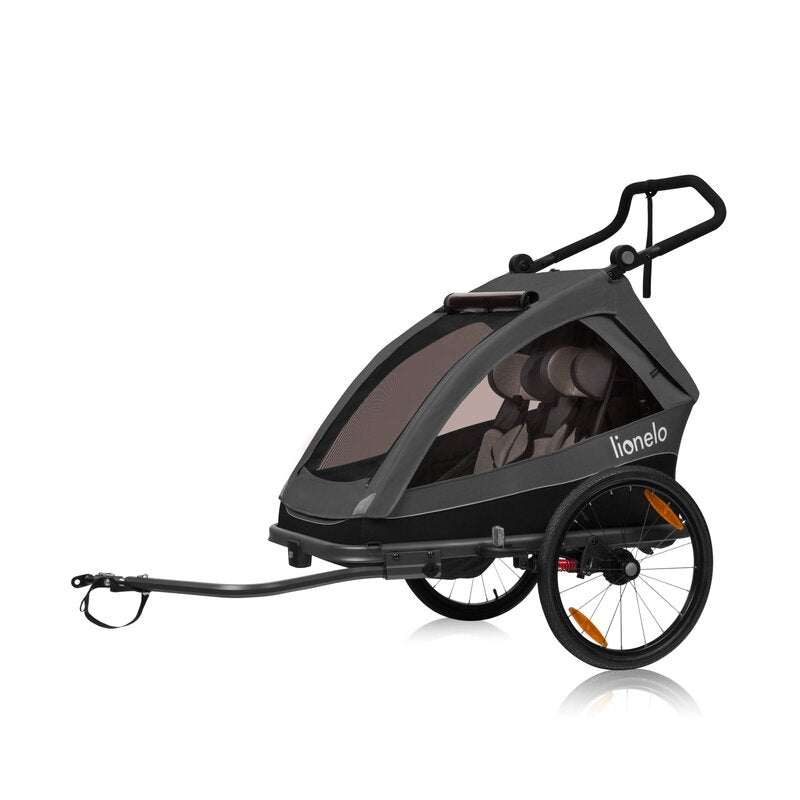 Carucior si remorca de bicicleta, Lionelo, Cama, Multifunctional, Pentru 1 sau 2 copii, Cu sistem de absorbtie a socurilor SIQ, Geamuri cu protectie solara, Negru