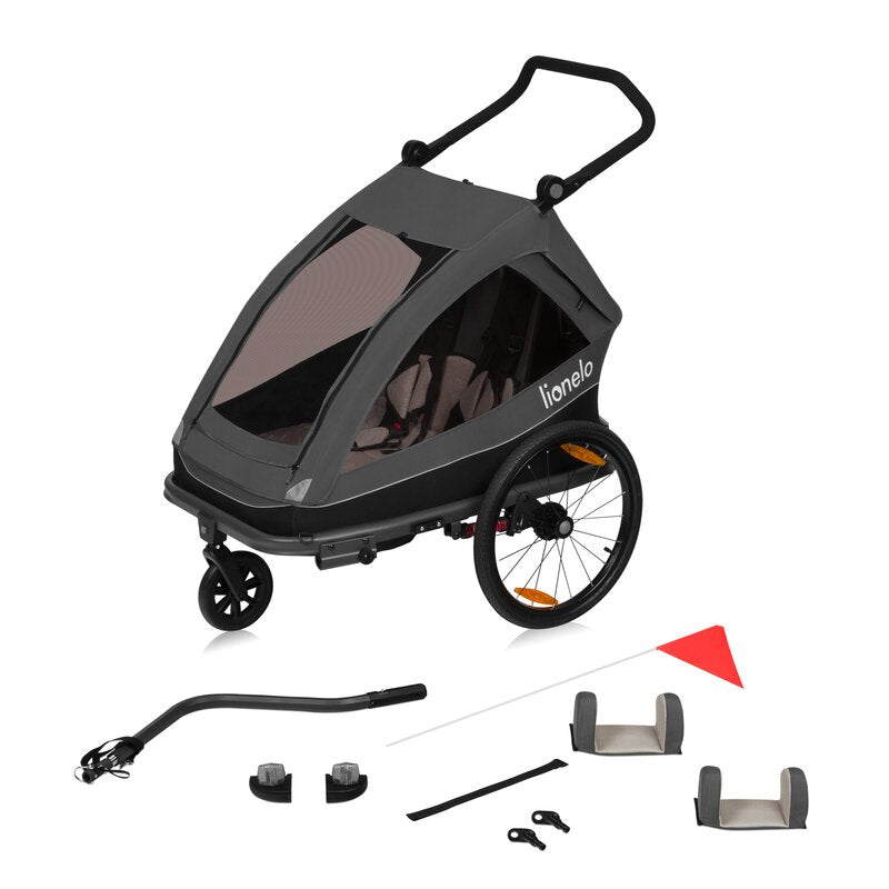 Carucior si remorca de bicicleta, Lionelo, Cama, Multifunctional, Pentru 1 sau 2 copii, Cu sistem de absorbtie a socurilor SIQ, Geamuri cu protectie solara, Negru