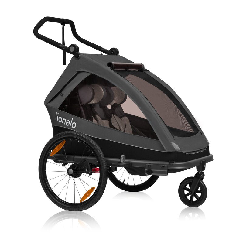 Carucior si remorca de bicicleta, Lionelo, Cama, Multifunctional, Pentru 1 sau 2 copii, Cu sistem de absorbtie a socurilor SIQ, Geamuri cu protectie solara, Negru