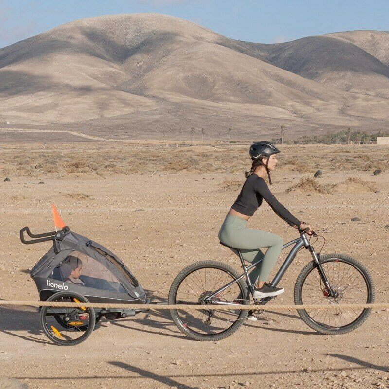 Carucior si remorca de bicicleta, Lionelo, Cama, Multifunctional, Pentru 1 sau 2 copii, Cu sistem de absorbtie a socurilor SIQ, Geamuri cu protectie solara, Negru