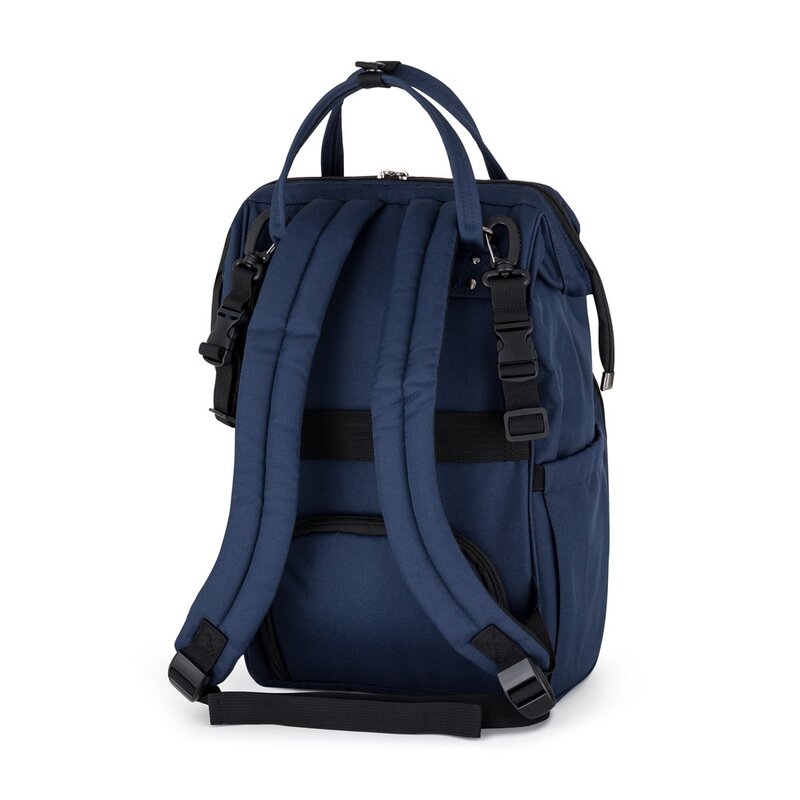 Rucsac pentru mamici, Petite&Mars, Jack, Cu 11 compartimente, Cu buzunare termice, Saltea de infasat inclusa, 30 x 42 x 15 cm, Albastru