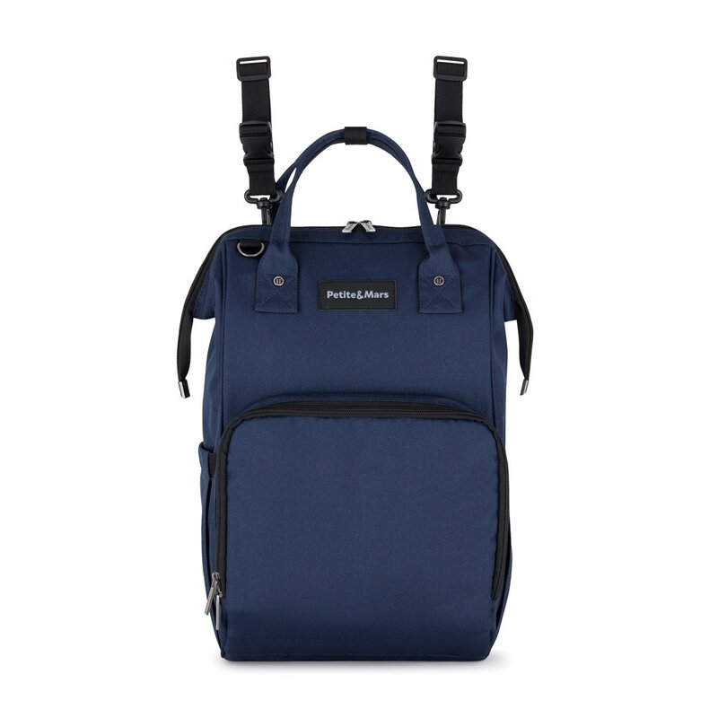 Rucsac pentru mamici, Petite&Mars, Jack, Cu 11 compartimente, Cu buzunare termice, Saltea de infasat inclusa, 30 x 42 x 15 cm, Albastru