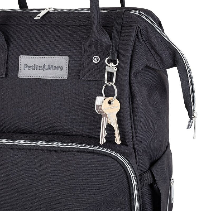 Rucsac pentru mamici, Petite&Mars, Jack, Cu 11 compartimente, Cu buzunare termice, Saltea de infasat inclusa, 30 x 42 x 15 cm, Albastru