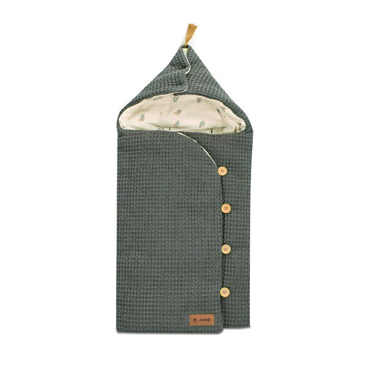 Sac de iarna cu gluga, Jane, Mims Plus, Pentru carucior si scoica auto, 88 x 43 cm, Inchidere cu nasturi si fermoar, Botanic