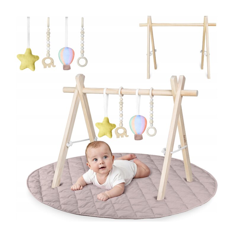 Centru de activitati, Lionelo, Anis Set, Cu arcada Montessori, Din lemn de pin, Jucarii plus, 4 jucarii suspendate, Stimuleaza simturile, Pliere rapida, Salteluta moale antiderapanta, 0+ luni, Multicolor