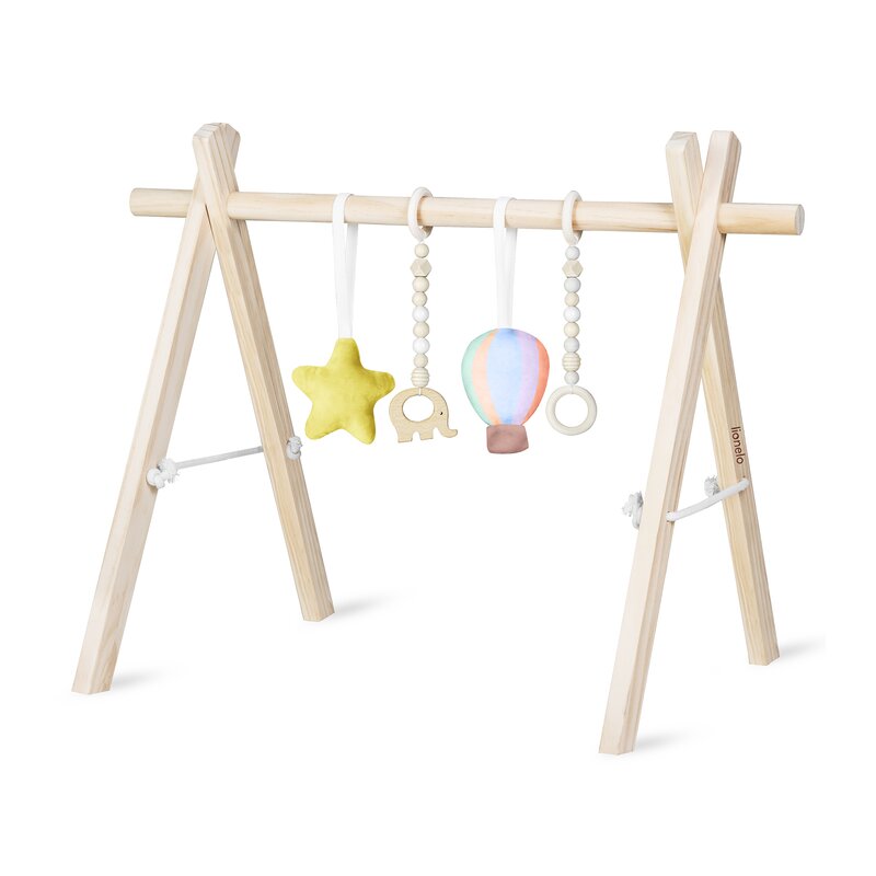 Centru de activitati, Lionelo, Anis Set, Cu arcada Montessori, Din lemn de pin, Jucarii plus, 4 jucarii suspendate, Stimuleaza simturile, Pliere rapida, Salteluta moale antiderapanta, 0+ luni, Multicolor