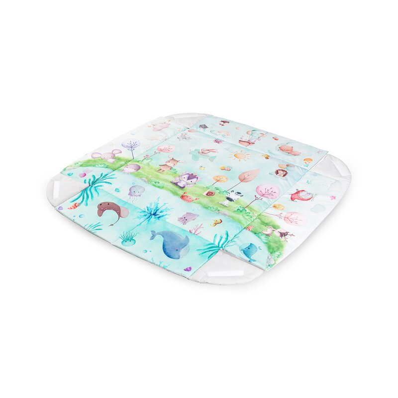 Salteluta interactiva, Lionelo, Anika, 8 jucarii senzoriale, detasabile, fosnaitoare, logopedice, Lavabila la masina, Husa din bambus, 116x112 cm, Multicolor