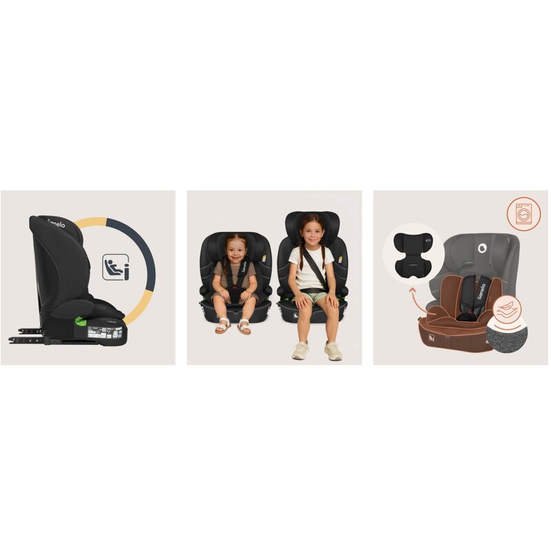 Scaun auto i-Size, Lionelo, Billy , 76 - 150 cm, 1/2/3, Isofix + top tether, Tetiera reglabila in 10 pozitii, Insertie ergonomica, Tapiterie lavabila, Testat la impact, Baza lata, Conform cu R129, Negru