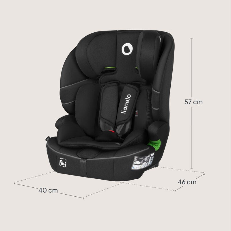Scaun auto i-Size, Lionelo, Billy , 76 - 150 cm, 1/2/3, Isofix + top tether, Tetiera reglabila in 10 pozitii, Insertie ergonomica, Tapiterie lavabila, Testat la impact, Baza lata, Conform cu R129, Negru