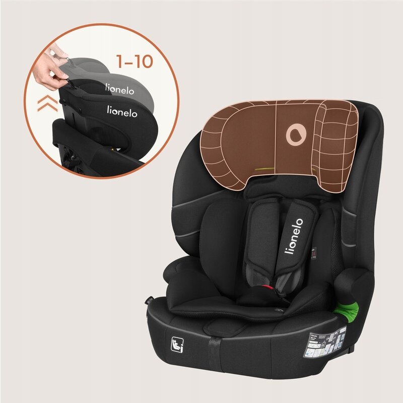 Scaun auto i-Size, Lionelo, Billy , 76 - 150 cm, 1/2/3, Isofix + top tether, Tetiera reglabila in 10 pozitii, Insertie ergonomica, Tapiterie lavabila, Testat la impact, Baza lata, Conform cu R129, Negru