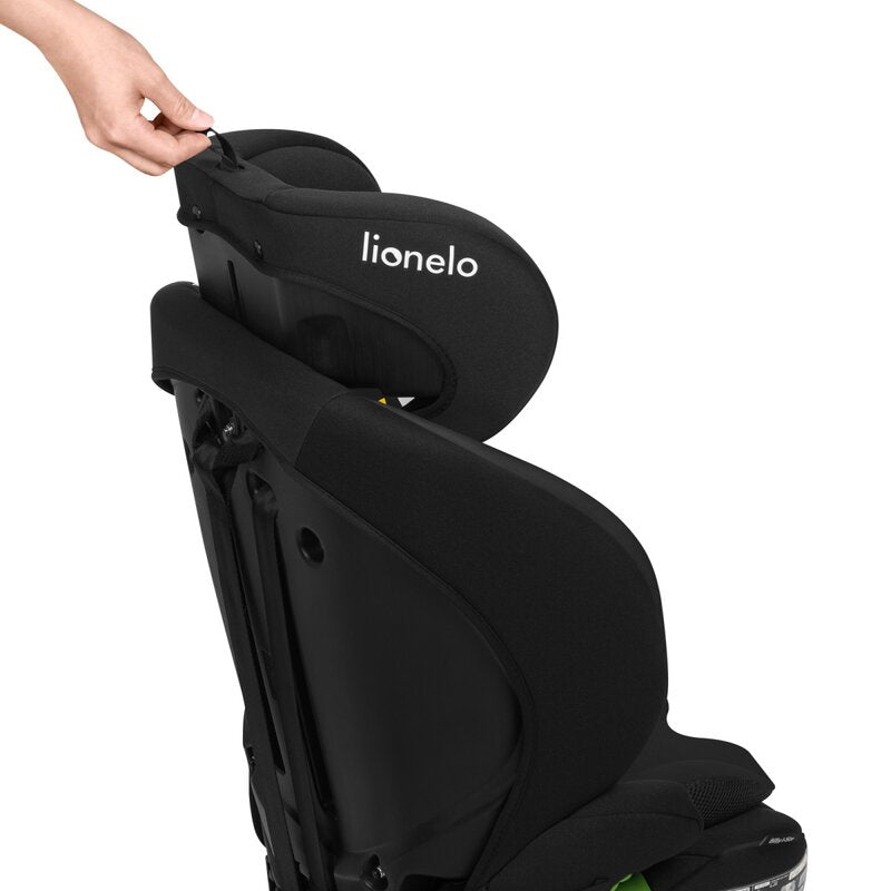 Scaun auto i-Size, Lionelo, Billy , 76 - 150 cm, 1/2/3, Isofix + top tether, Tetiera reglabila in 10 pozitii, Insertie ergonomica, Tapiterie lavabila, Testat la impact, Baza lata, Conform cu R129, Negru